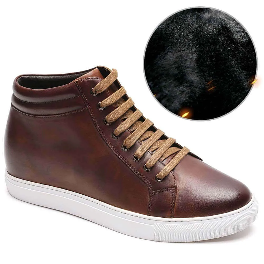 7CM / 2.76 Inches - CMR CHAMARIPA Elevator Sneakers Brown Leather High Top Sneaker Fur Lined Winter Shoes