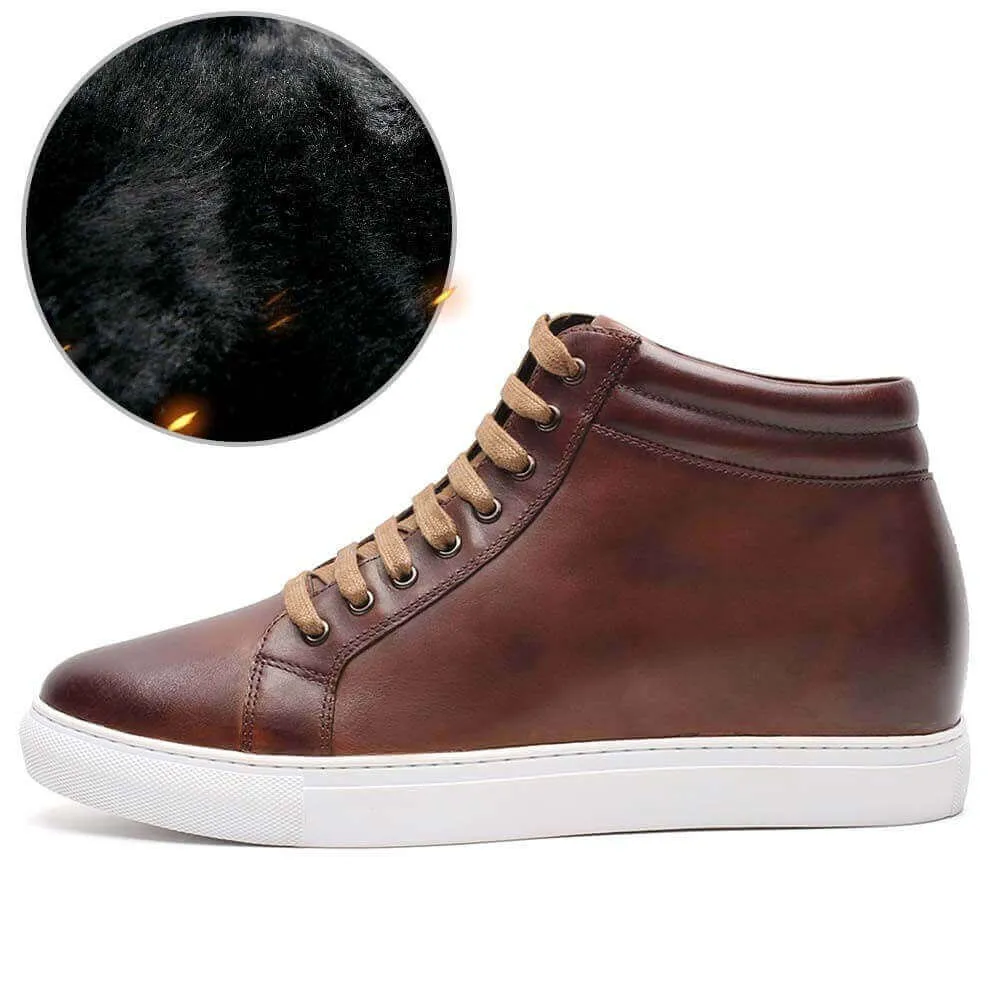 7CM / 2.76 Inches - CMR CHAMARIPA Elevator Sneakers Brown Leather High Top Sneaker Fur Lined Winter Shoes