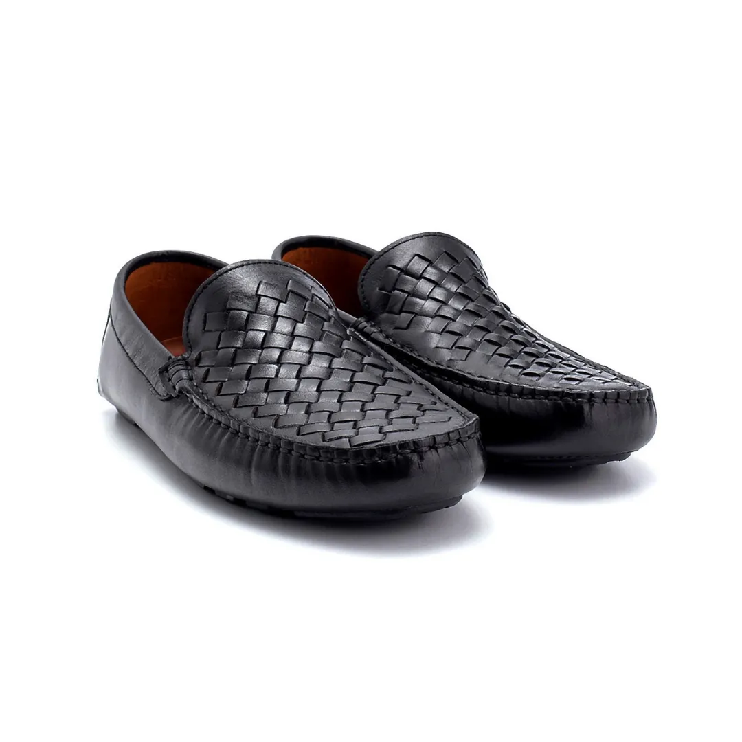 Black Men Leather Knit Detailed Loafer