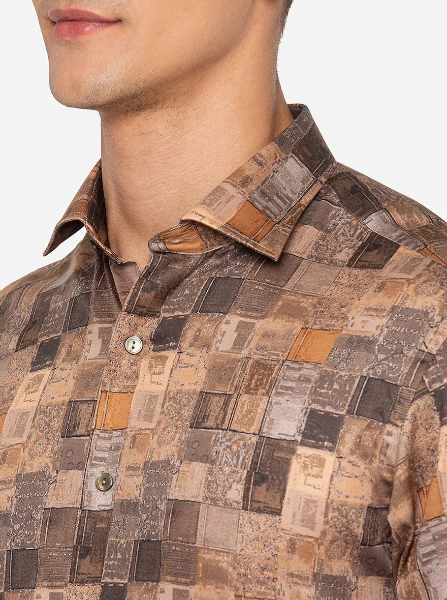 Brown & Grey Printed Slim Fit Party Wear Shirt | Wyre