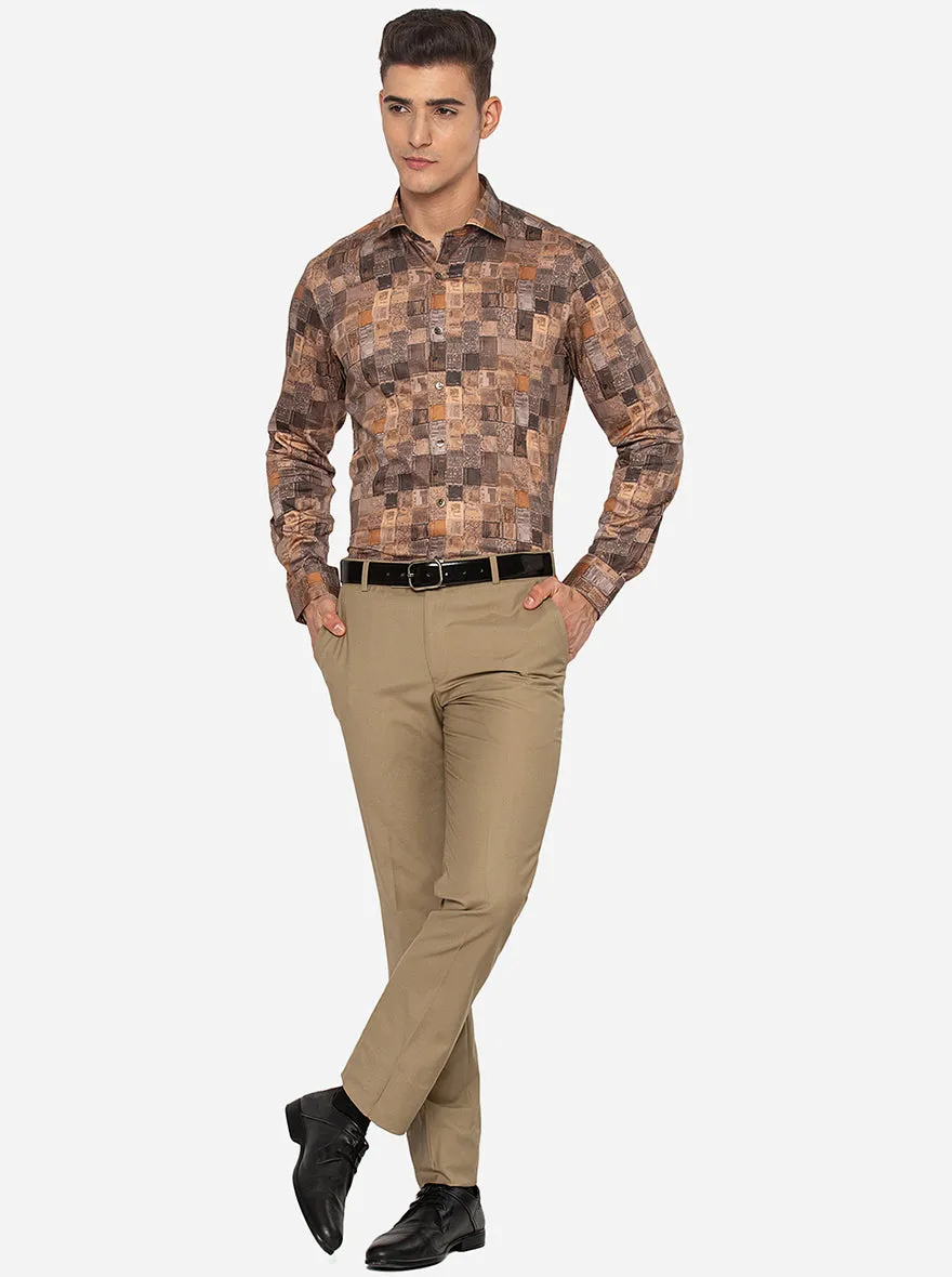 Brown & Grey Printed Slim Fit Party Wear Shirt | Wyre