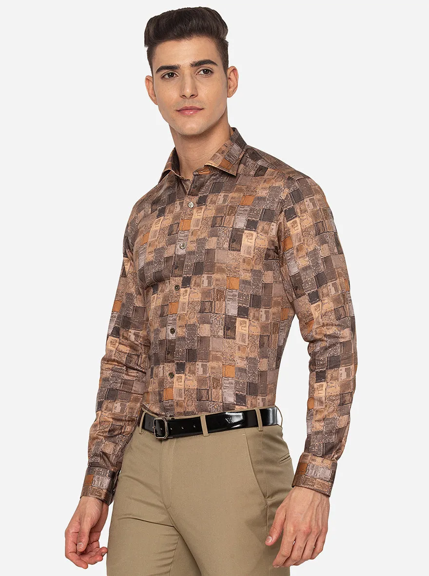 Brown & Grey Printed Slim Fit Party Wear Shirt | Wyre