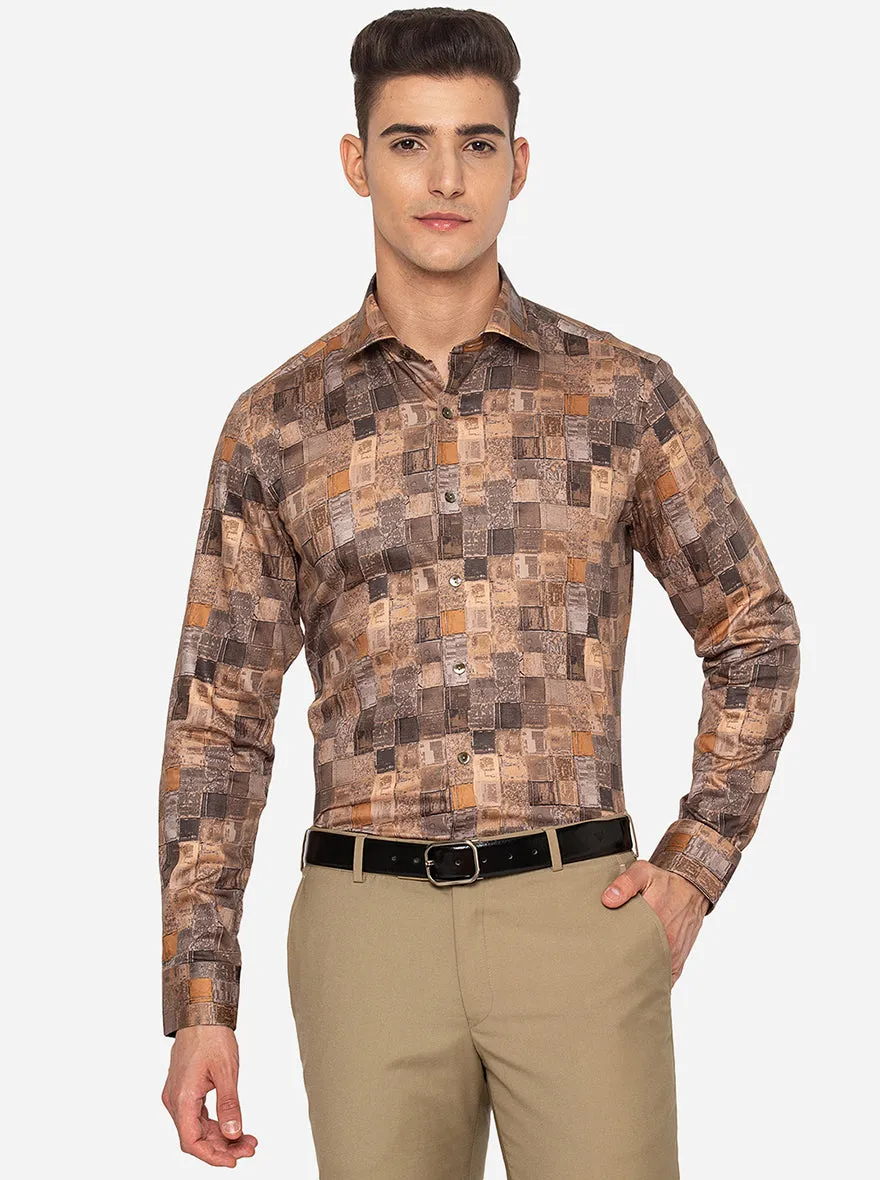 Brown & Grey Printed Slim Fit Party Wear Shirt | Wyre