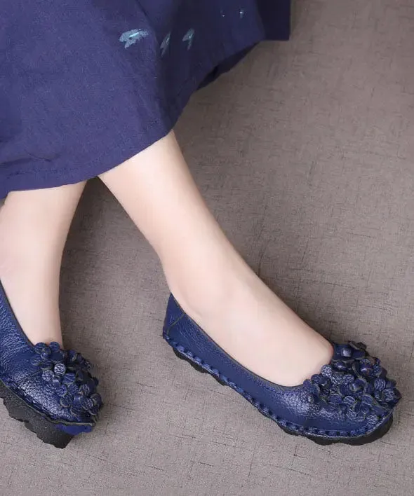 Comfortable Floral Splicing Flat Shoes Blue Cowhide Leather LY8252