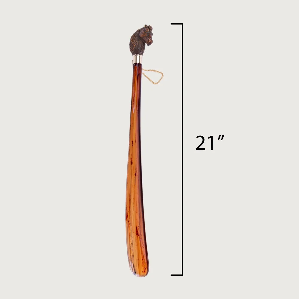 FootFitter Medium 21" Shoe Horn with Tortoiseshell Spoon, Brown Wooden-Style Horse