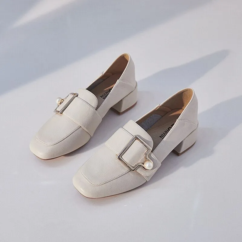 GHJIOL Elegant Women Pumps Metal Buckle Loafers Fashion Pearl Ladies Shoes Comfortable PU Slip-On Mid Heel Women Office Shoes