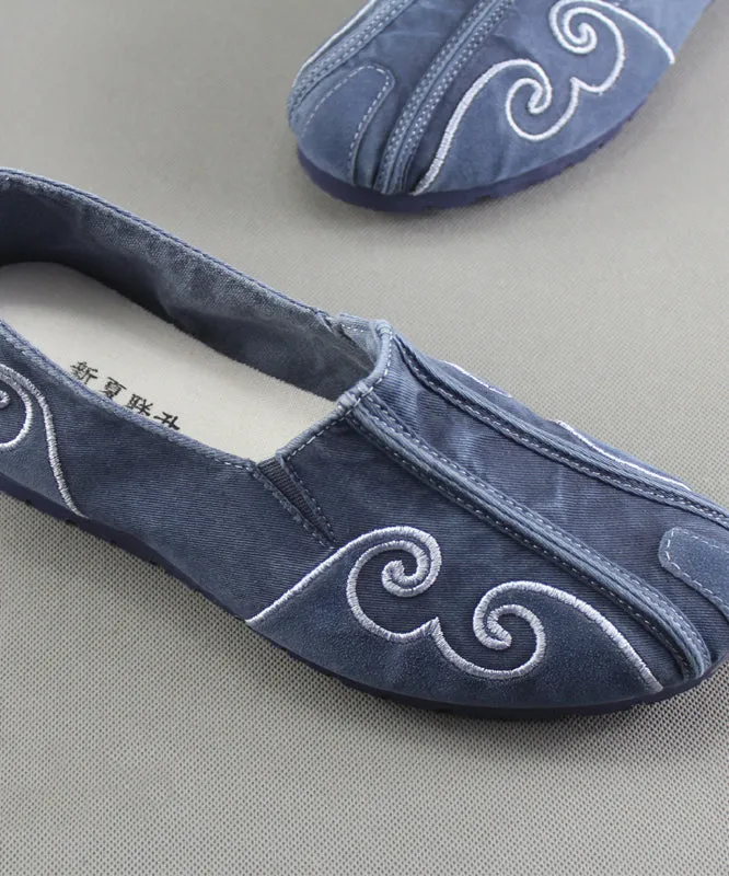 Grey Flat Feet Shoes For Men Cotton Fabric Stylish Embroideried Flats