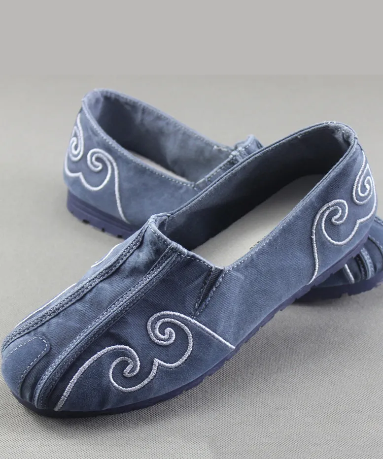 Grey Flat Feet Shoes For Men Cotton Fabric Stylish Embroideried Flats