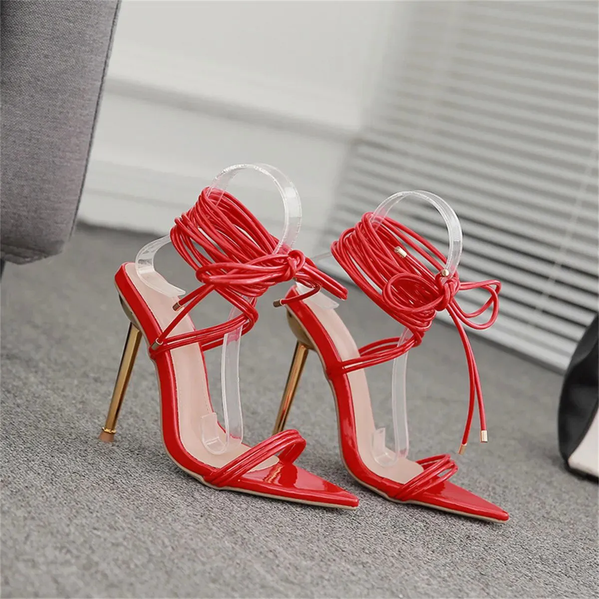 High Heel  Women Lace Up Pointed Thin Heels Shoes*