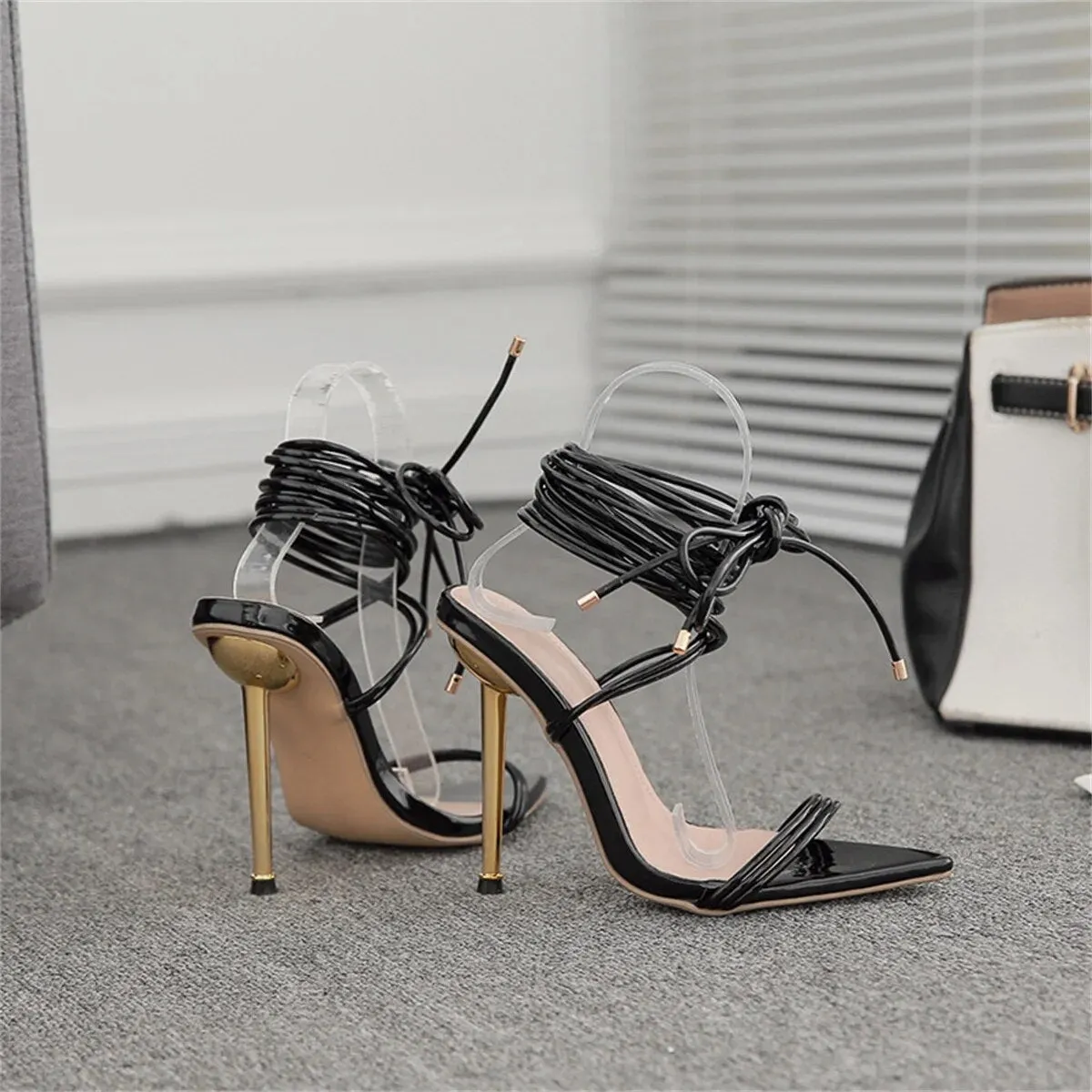 High Heel  Women Lace Up Pointed Thin Heels Shoes*