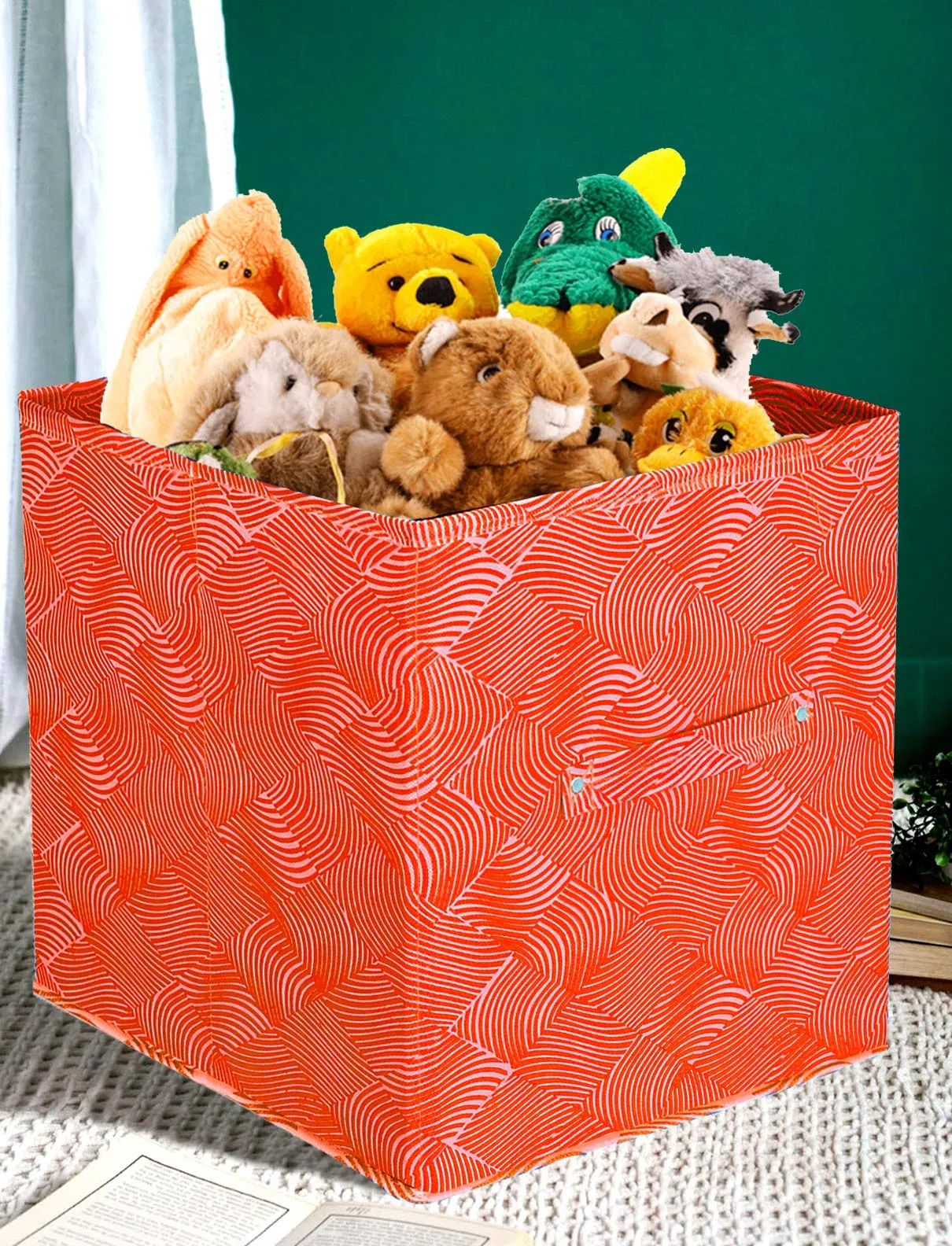 Kuber Industries Laheriya Print Non Woven 3 Pieces Fabric Foldable Storage Cubes For Toy,Books,Shoes Storage Box With Handle,Extra Large (Orange)-KUBMART16122