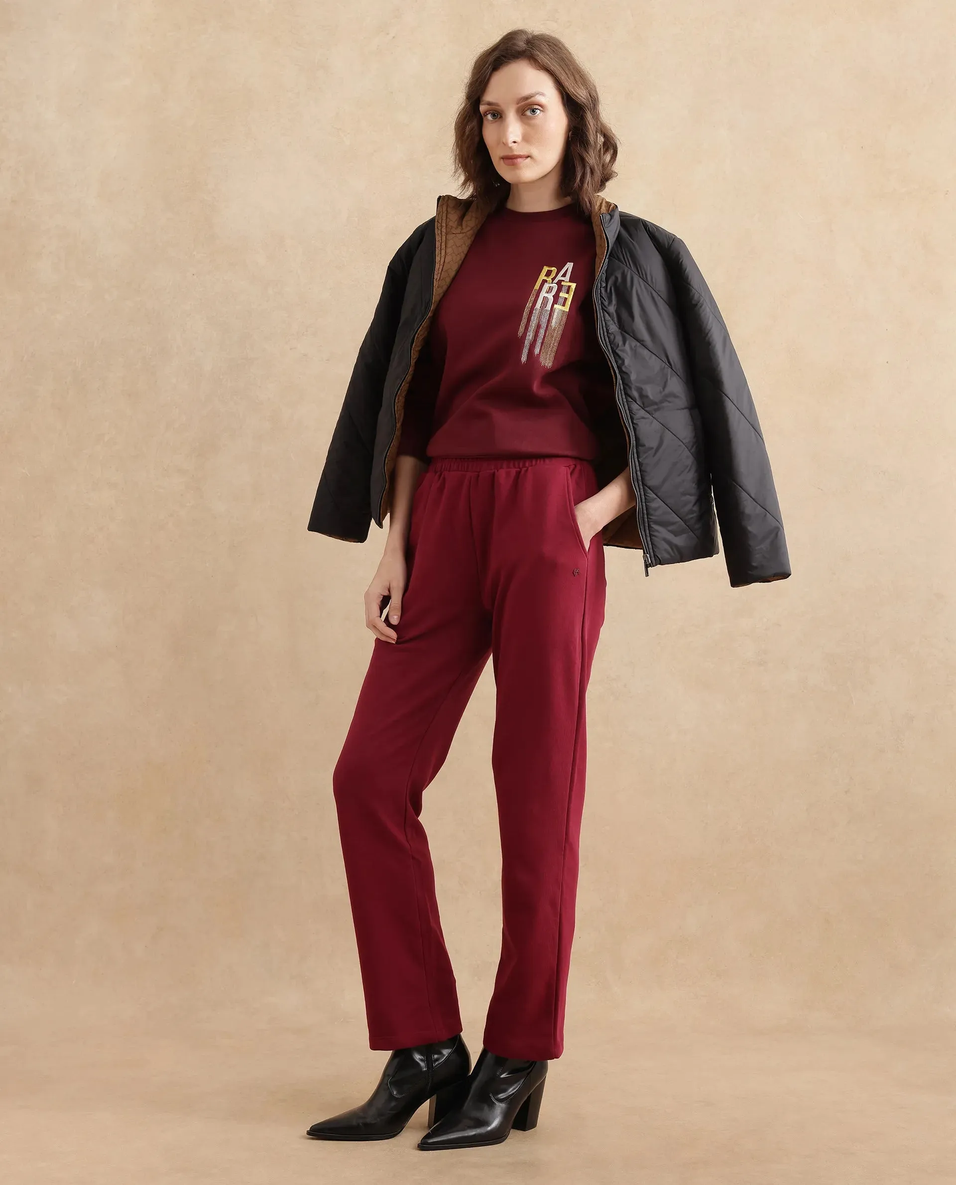 Rareism Women Trunky Maroon Plain Track Pant