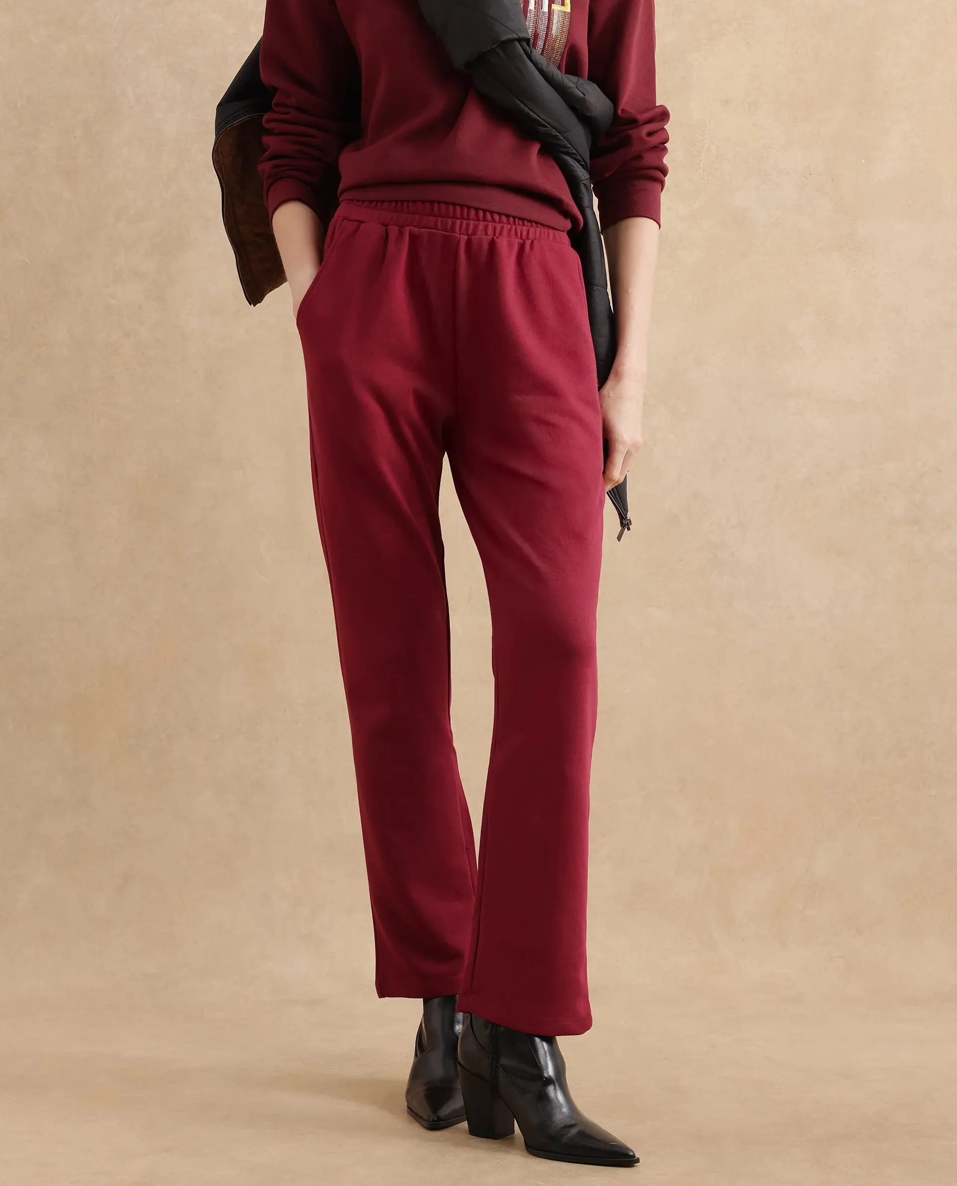 Rareism Women Trunky Maroon Plain Track Pant