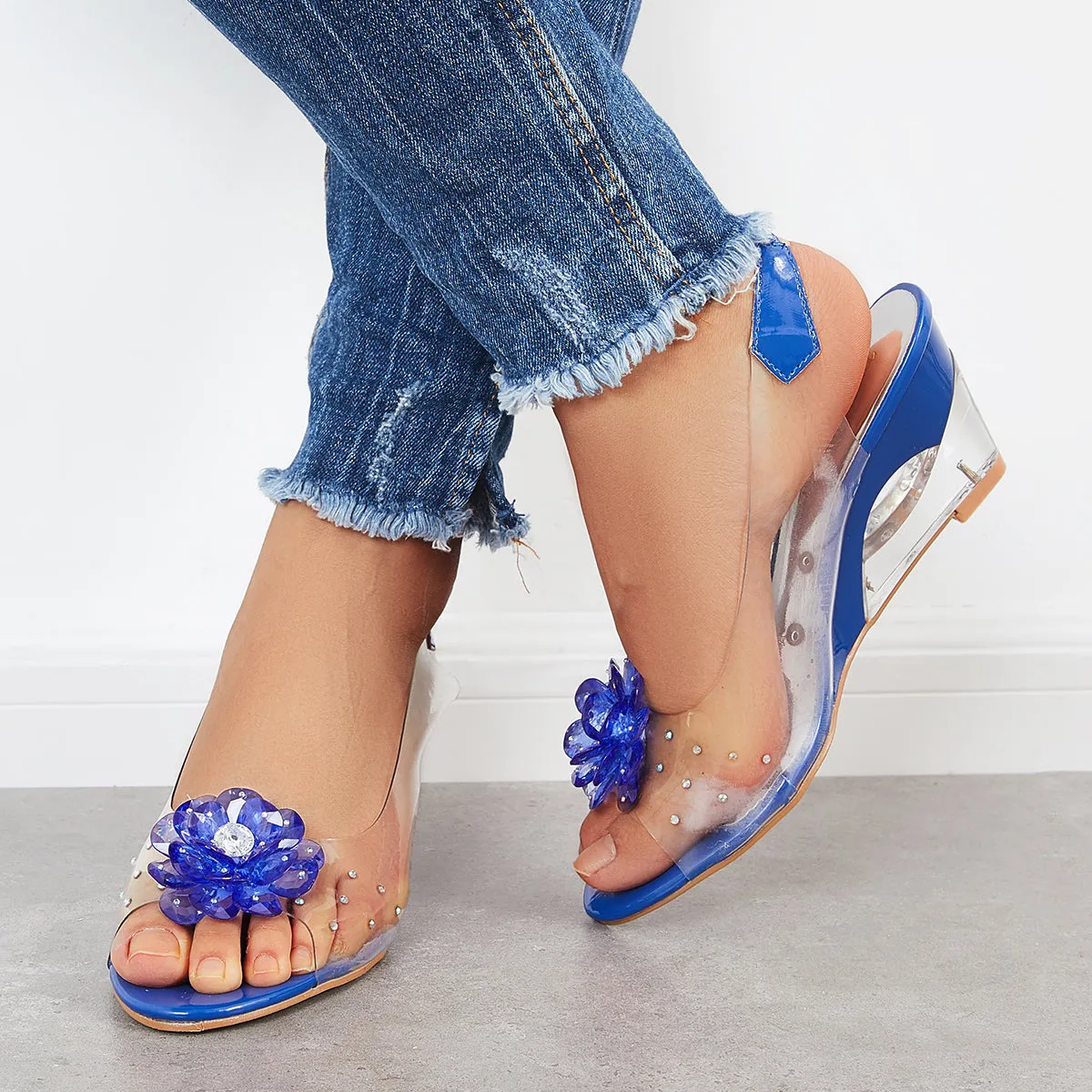 Sohiwoo Rhinestone Flower Wedge Heels Clear Peep Toe Slingback Sandals