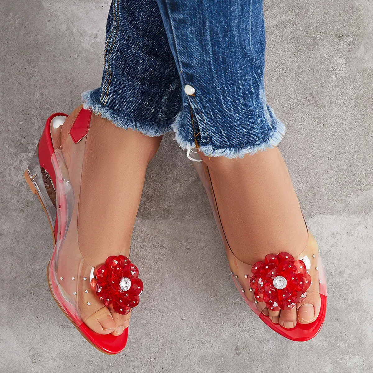 Sohiwoo Rhinestone Flower Wedge Heels Clear Peep Toe Slingback Sandals