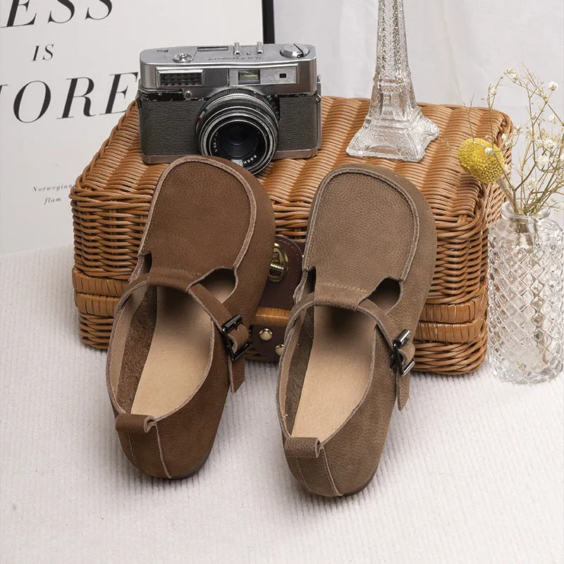 Women Handmade Soft Leather Mary Jane Shoes Buckle Decor Flat Loafers