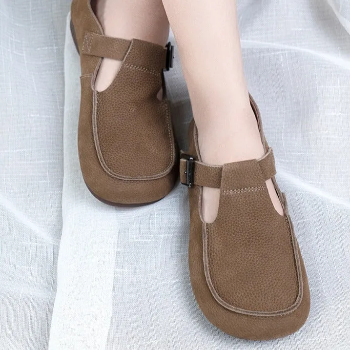 Women Handmade Soft Leather Mary Jane Shoes Buckle Decor Flat Loafers