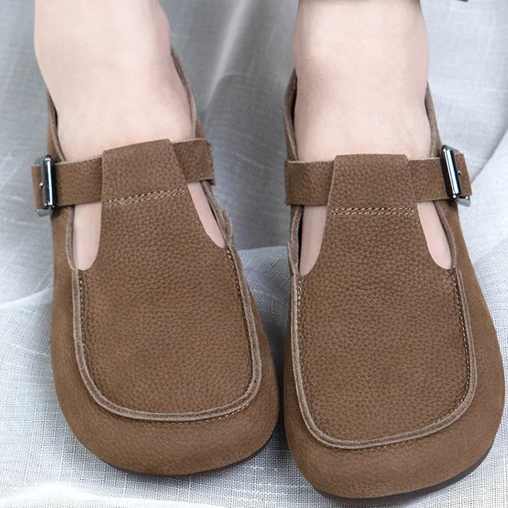 Women Handmade Soft Leather Mary Jane Shoes Buckle Decor Flat Loafers